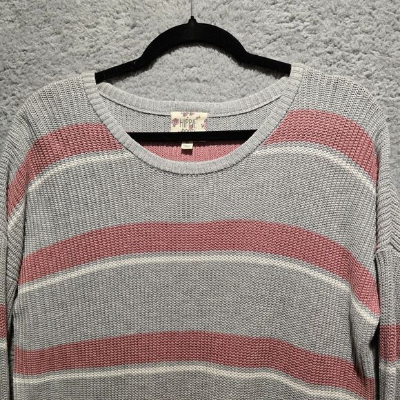Hippie Rose Womens Gray Sweater Sz XL Pink White Striped Tie Front Y2k - Picture 2 of 7